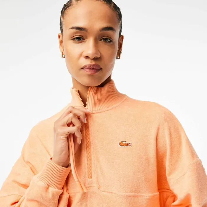 Sweaters and Sweatshirts Women Lacoste Womens HighNeck Terry Cloth Half Zip Sweatshirt Light Orange Heb