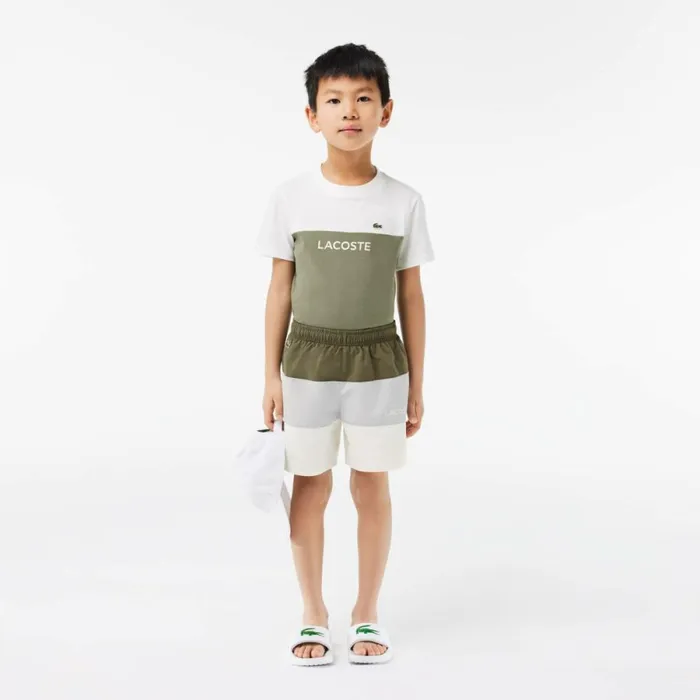 Swim Kids Lacoste Kids039 Colorblock Swim Trunks Khaki Green Grey Chine White Iil