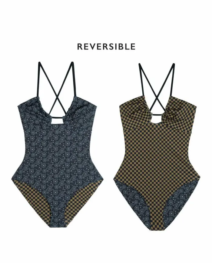 Swim The Great The Reversible Keyhole One Piece Black Bandana Daisy And Bronze Check