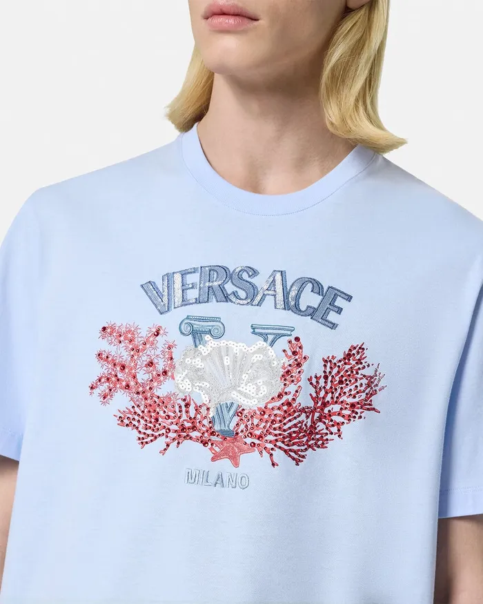TShirts and Polos Men Versace Embroidered University Coral TShirt Light Blue