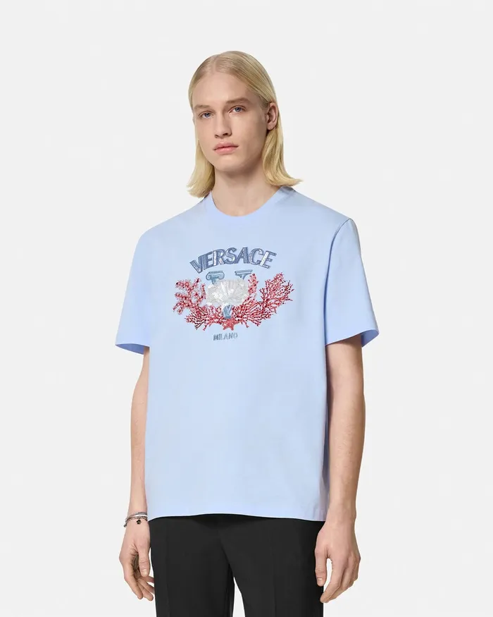 TShirts and Polos Men Versace Embroidered University Coral TShirt Light Blue