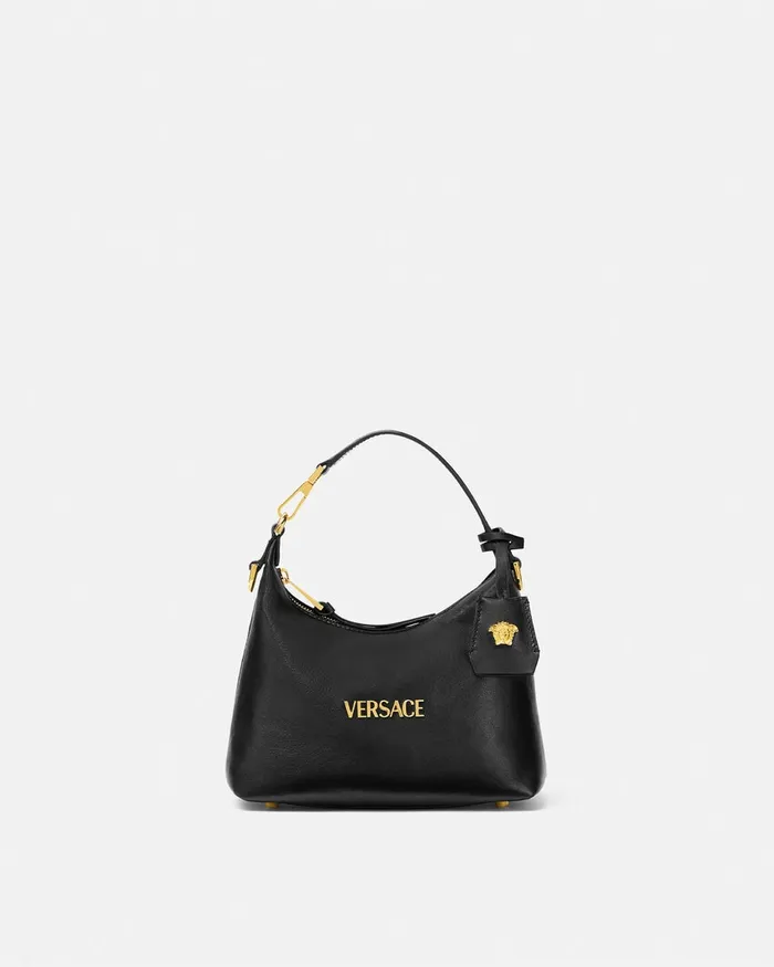 Top Handle Women Versace Tag Hobo Handbag Blackgold