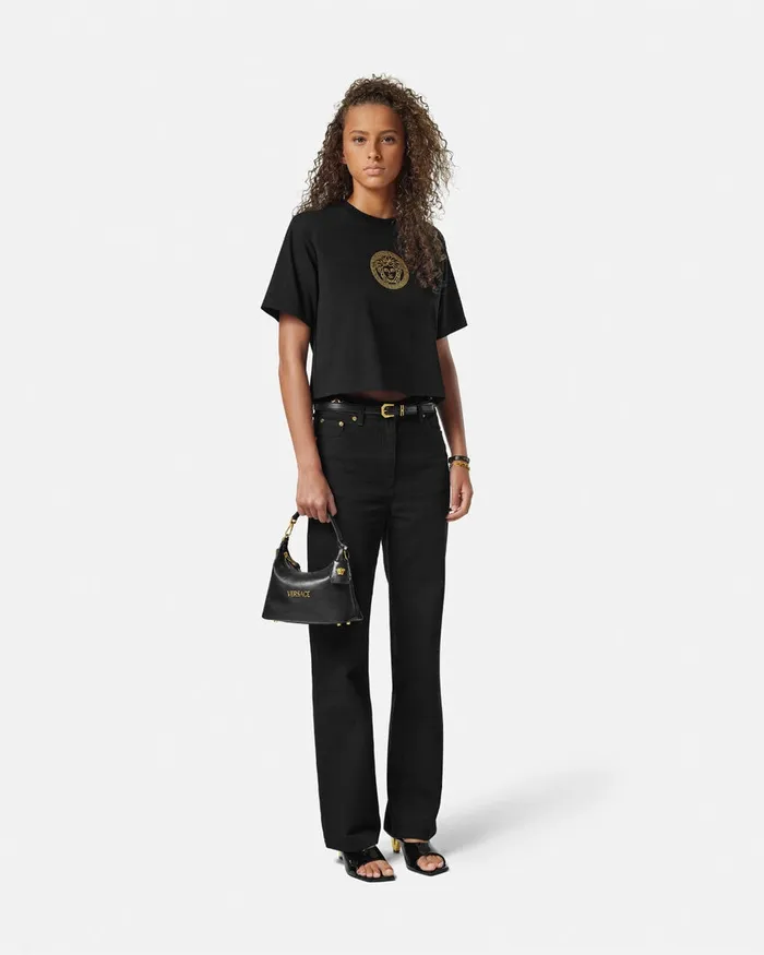 Top Handle Women Versace Tag Hobo Handbag Blackgold