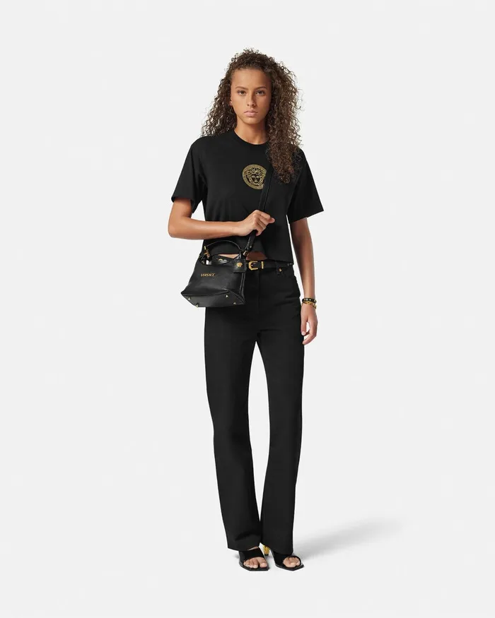 Top Handle Women Versace Tag Hobo Handbag Blackgold