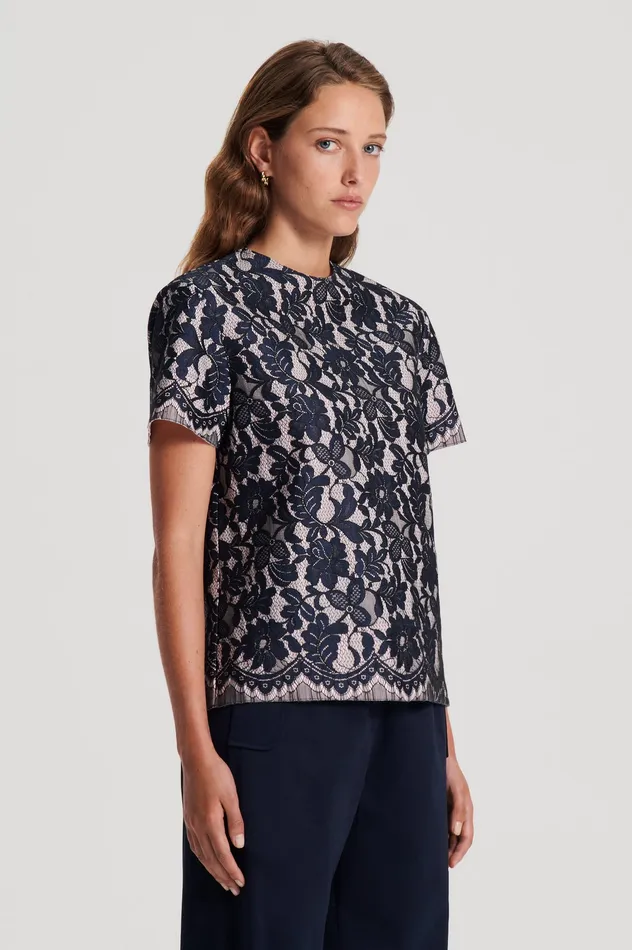 Tops Scanlan Theodore Women BONDED LACE TOP NAVY Tops Scanlan Theodore Women BONDED LACE TOP NAVY