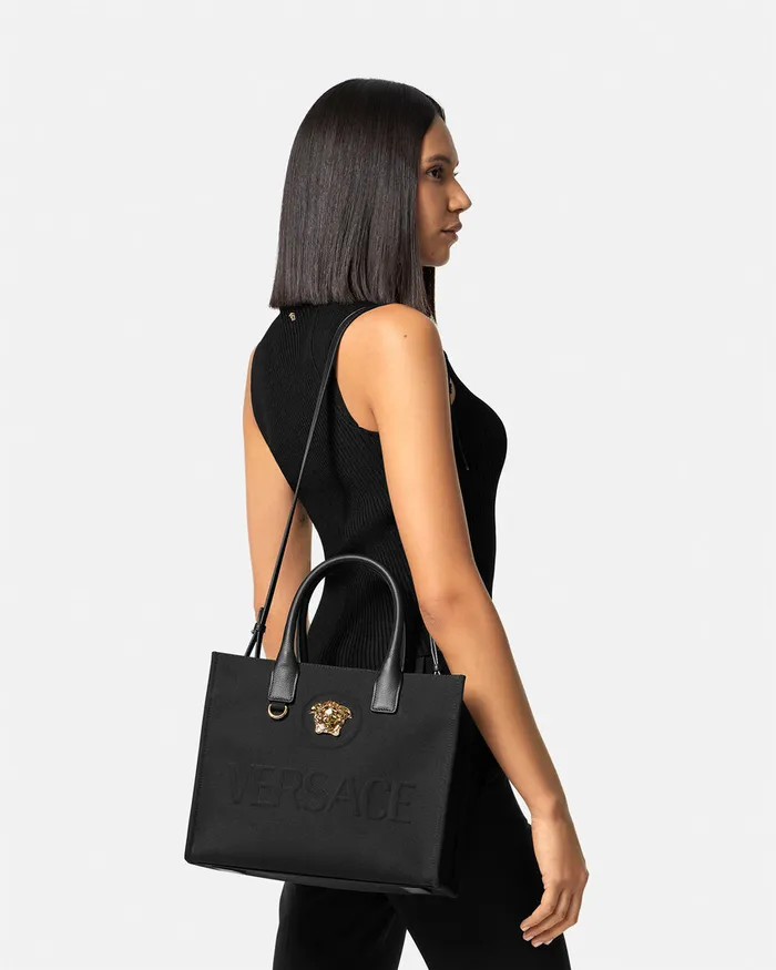 Totes Women Versace La Medusa Canvas Small Tote Bag Blackgold