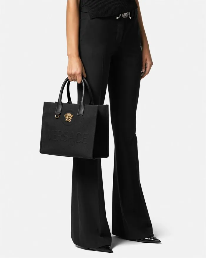 Totes Women Versace La Medusa Canvas Small Tote Bag Blackgold