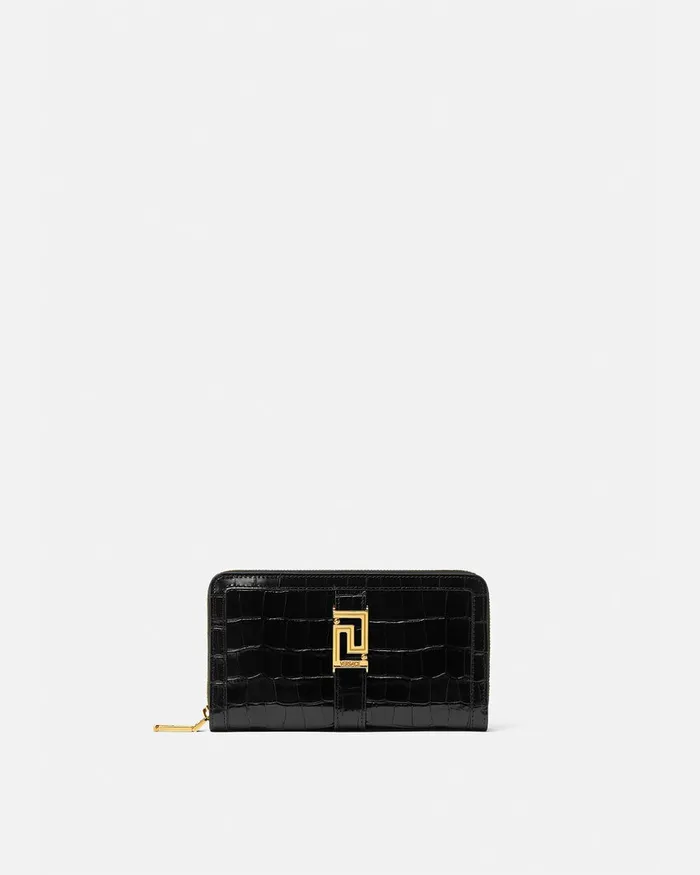 Wallets Women Versace CrocEffect Greca Goddess Long Wallet Blackgold