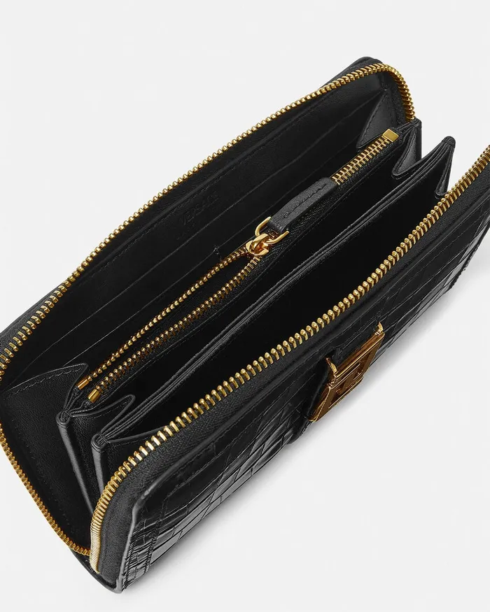 Wallets Women Versace CrocEffect Greca Goddess Long Wallet Blackgold