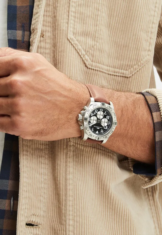 Watch Men FYNCHHATTON Stainless Steel Wristwatch With Brown Leather Strap Silver