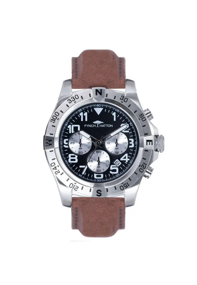 Watch Men FYNCHHATTON Stainless Steel Wristwatch With Brown Leather Strap Silver Watch Men FYNCHHATTON Stainless Steel Wristwatch With Brown Leather Strap Silver