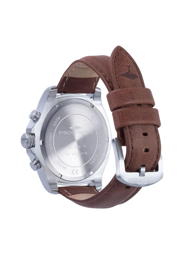 Watch Men FYNCHHATTON Stainless Steel Wristwatch With Brown Leather Strap Silver Watch Men FYNCHHATTON Stainless Steel Wristwatch With Brown Leather Strap Silver