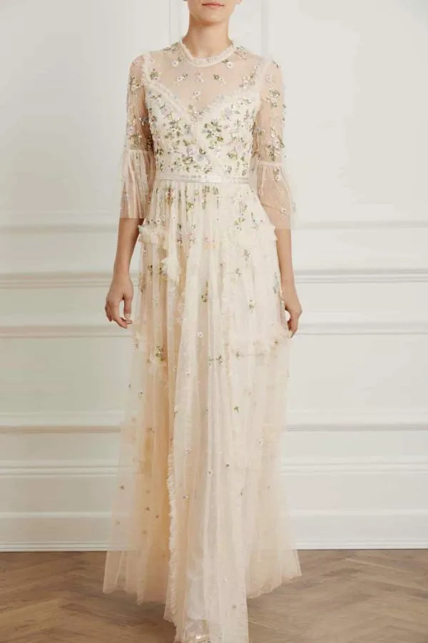 WeddingWomen Needle and Thread Shimmer Ditsy Long Sleeve Gown Champagne