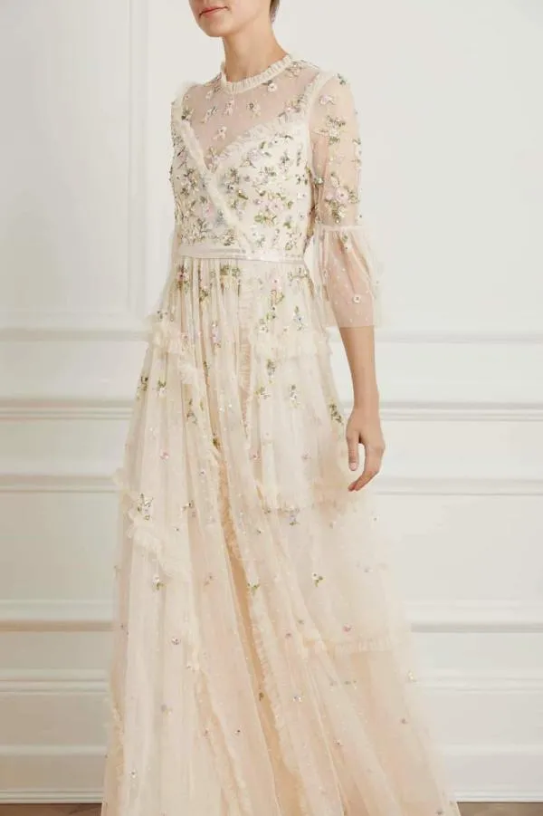 WeddingWomen Needle and Thread Shimmer Ditsy Long Sleeve Gown Champagne WeddingWomen Needle and Thread Shimmer Ditsy Long Sleeve Gown Champagne