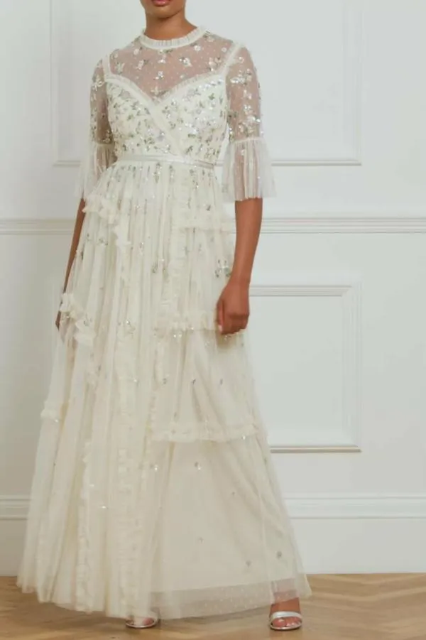 WeddingWomen Needle and Thread Shimmer Ditsy Long Sleeve Gown Champagne WeddingWomen Needle and Thread Shimmer Ditsy Long Sleeve Gown Champagne