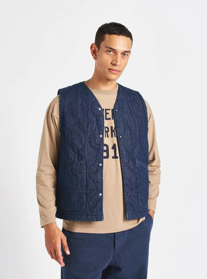 Weekend Gilet In Indigo Quilt Denim Men Universal Works Waistcoats and Gilets
