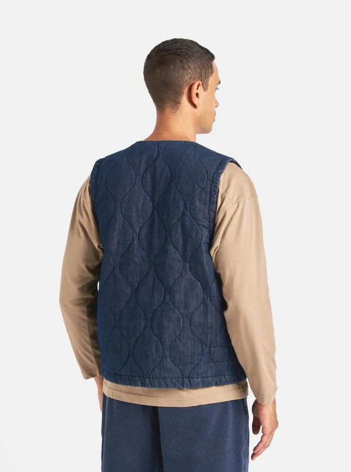 Weekend Gilet In Indigo Quilt Denim Men Universal Works Waistcoats and Gilets
