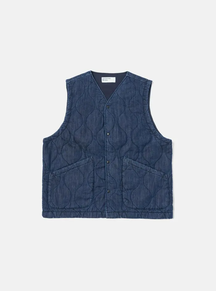 Weekend Gilet In Indigo Quilt Denim Men Universal Works Waistcoats and Gilets