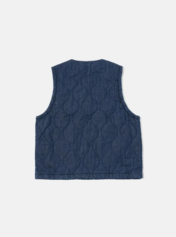 Weekend Gilet In Indigo Quilt Denim Men Universal Works Waistcoats and Gilets