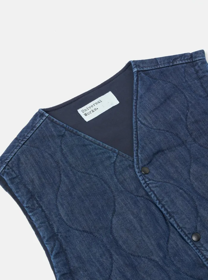Weekend Gilet In Indigo Quilt Denim Men Universal Works Waistcoats and Gilets