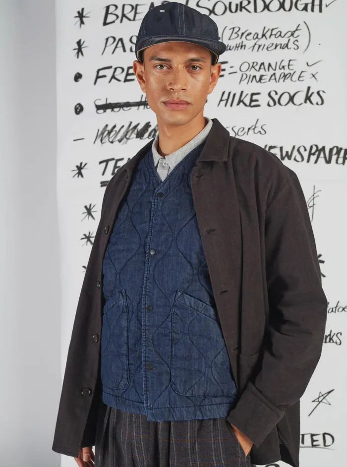 Weekend Gilet In Indigo Quilt Denim Men Universal Works Waistcoats and Gilets