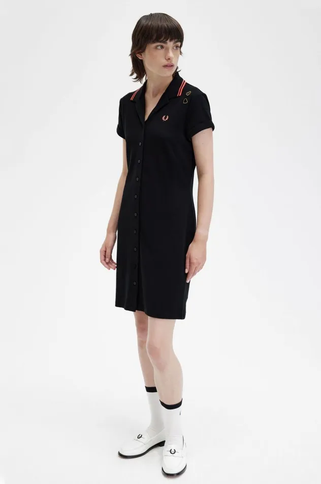 Women Amy Winehouse FoundationButtonThrough Piqu Shirt Dress Black Fred Perry Dresses