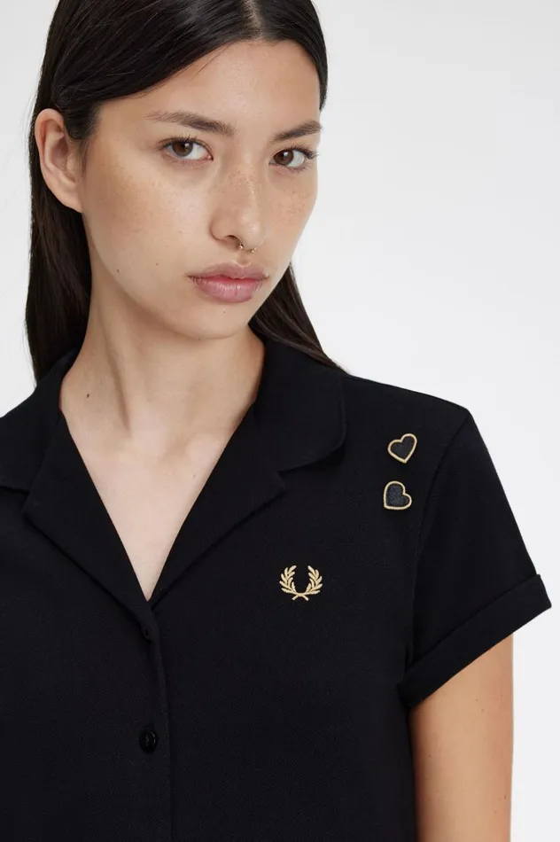 Women Amy Winehouse FoundationButton Through Pique Shirt Dress Black Fred Perry Dresses