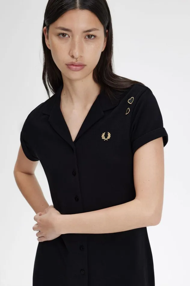 Women Amy Winehouse FoundationButton Through Pique Shirt Dress Black Fred Perry Dresses
