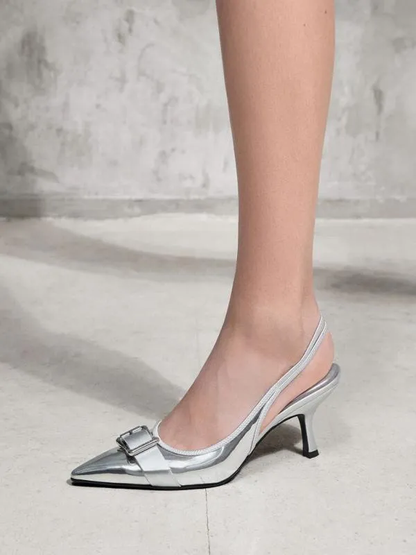 Women Anita Metallic Buckled PointedToe Slingback Pumps 8211 Silver CHARLES and KEITH Heels