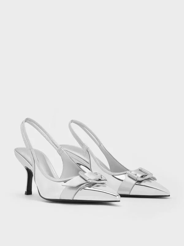 Women Anita Metallic Buckled PointedToe Slingback Pumps 8211 Silver CHARLES and KEITH Heels