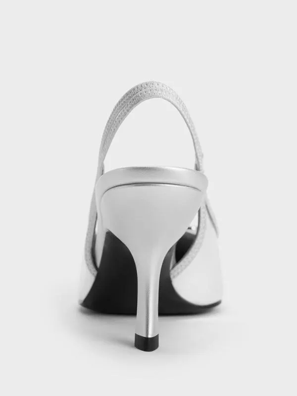 Women Anita Metallic Buckled PointedToe Slingback Pumps 8211 Silver CHARLES and KEITH Heels