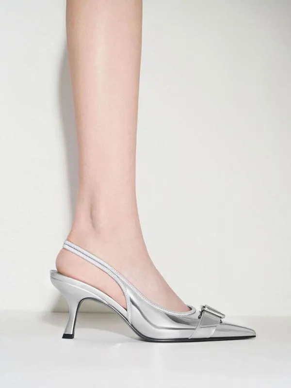 Women Anita Metallic Buckled PointedToe Slingback Pumps 8211 Silver CHARLES and KEITH Heels