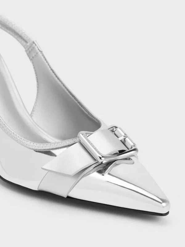 Women Anita Metallic Buckled PointedToe Slingback Pumps 8211 Silver CHARLES and KEITH Heels