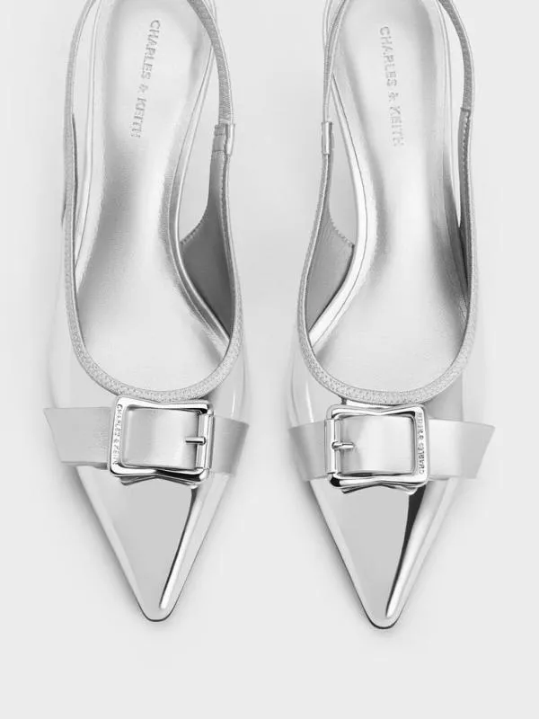 Women Anita Metallic Buckled PointedToe Slingback Pumps 8211 Silver CHARLES and KEITH Heels