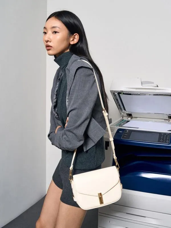 Women Aurelia MetallicAccent Saddle Bag 8211 Cream CHARLES and KEITH Shoulder Bags