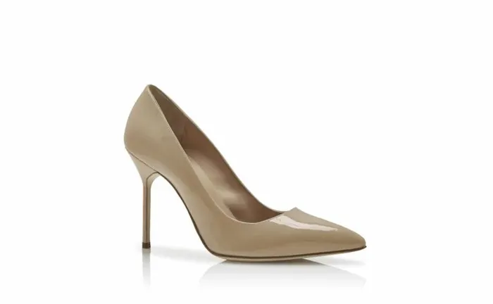 Women Beige Patent Leather Pointed Toe Pumps Manolo Blahnik Pumps
