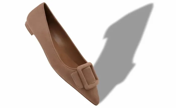 Women Beige Suede Buckle Detail Flat Pumps Manolo Blahnik Flats