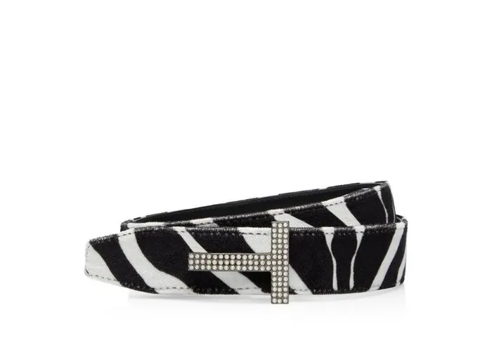 Women Belts Tom Ford Zebra Print Velvet And Crystal Stones T Belt Blackwhite