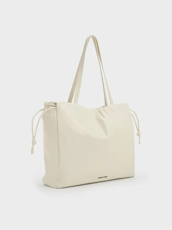 Women Bethel CrinkleEffect Ruched Drawstring Tote Bag 8211 Cream CHARLES and KEITH Slouchy Bags