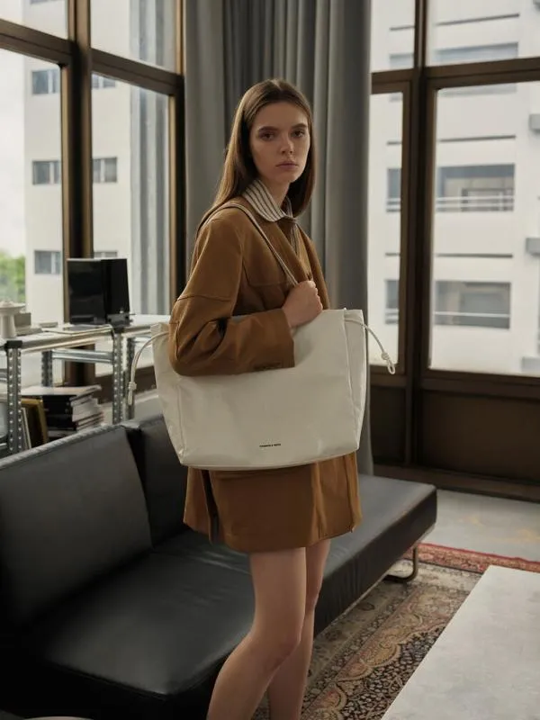 Women Bethel CrinkleEffect Ruched Drawstring Tote Bag 8211 Cream CHARLES and KEITH Slouchy Bags