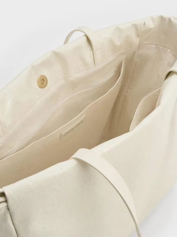 Women Bethel CrinkleEffect Ruched Drawstring Tote Bag 8211 Cream CHARLES and KEITH Slouchy Bags