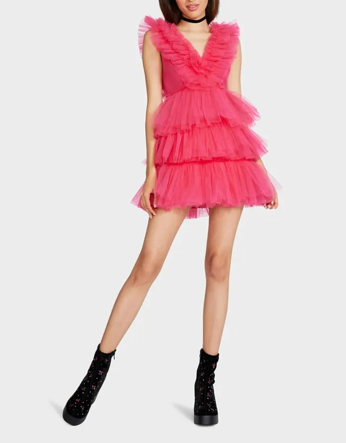 Women BETSEYS TIERED TULLE DRESS HOT PINK Hot Pink Betsey Johnson