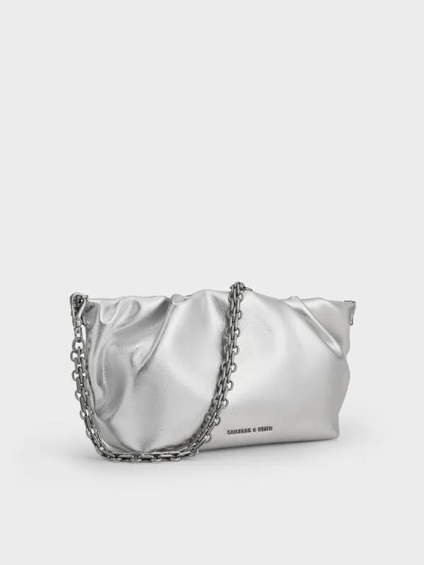 Women Brigette Metallic Ruched ChainHandle Clutch 8211 Silver CHARLES and KEITH Clutches