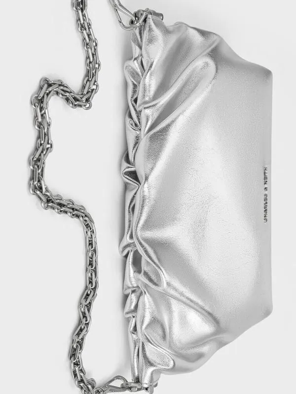 Women Brigette Metallic Ruched ChainHandle Clutch 8211 Silver CHARLES and KEITH Clutches