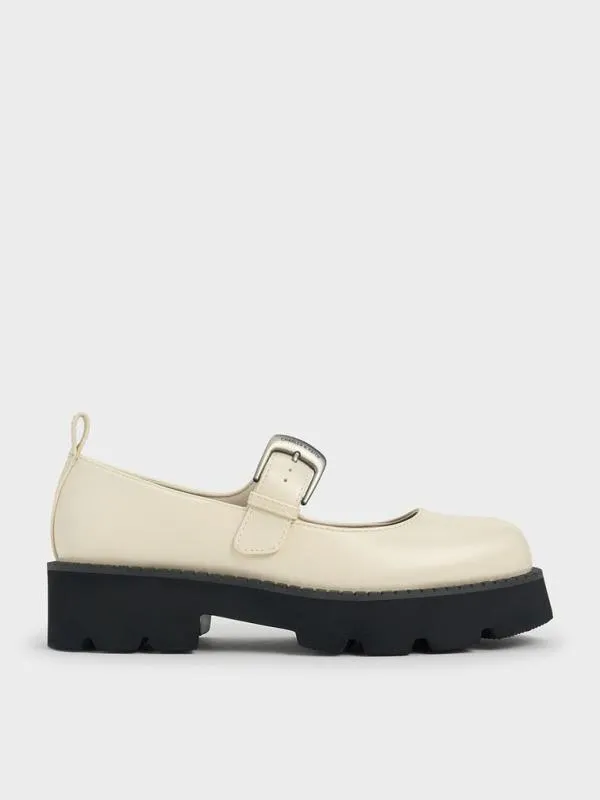 Women Buckled RidgedSole Chunky Mary Janes 8211 Chalk CHARLES and KEITH Flats Women Buckled RidgedSole Chunky Mary Janes 8211 Chalk CHARLES and KEITH Flats
