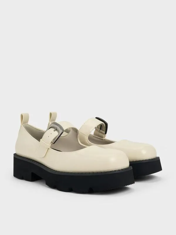 Women Buckled RidgedSole Chunky Mary Janes 8211 Chalk CHARLES and KEITH Flats