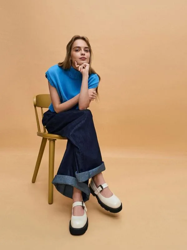 Women Buckled RidgedSole Chunky Mary Janes 8211 Chalk CHARLES and KEITH Flats