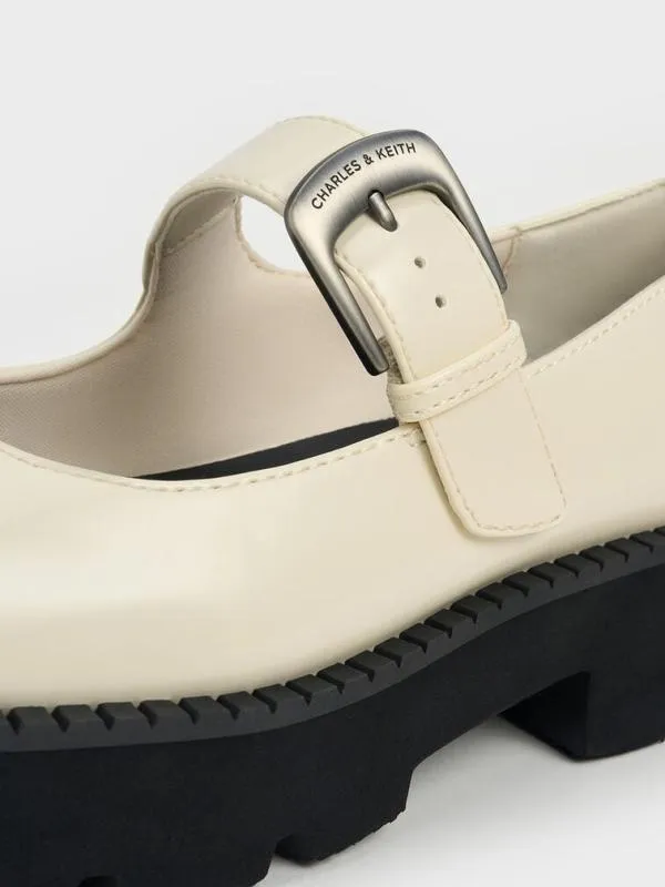 Women Buckled RidgedSole Chunky Mary Janes 8211 Chalk CHARLES and KEITH Flats