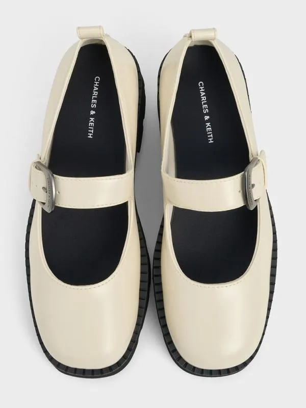 Women Buckled RidgedSole Chunky Mary Janes 8211 Chalk CHARLES and KEITH Flats