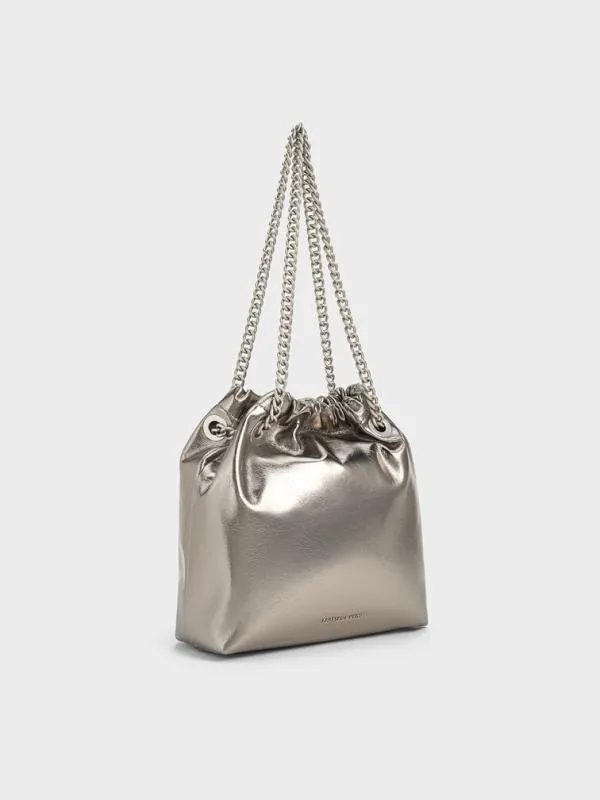 Women Caia Metallic ChainHandle Tote Bag 8211 Pewter CHARLES and KEITH Slouchy Bags
